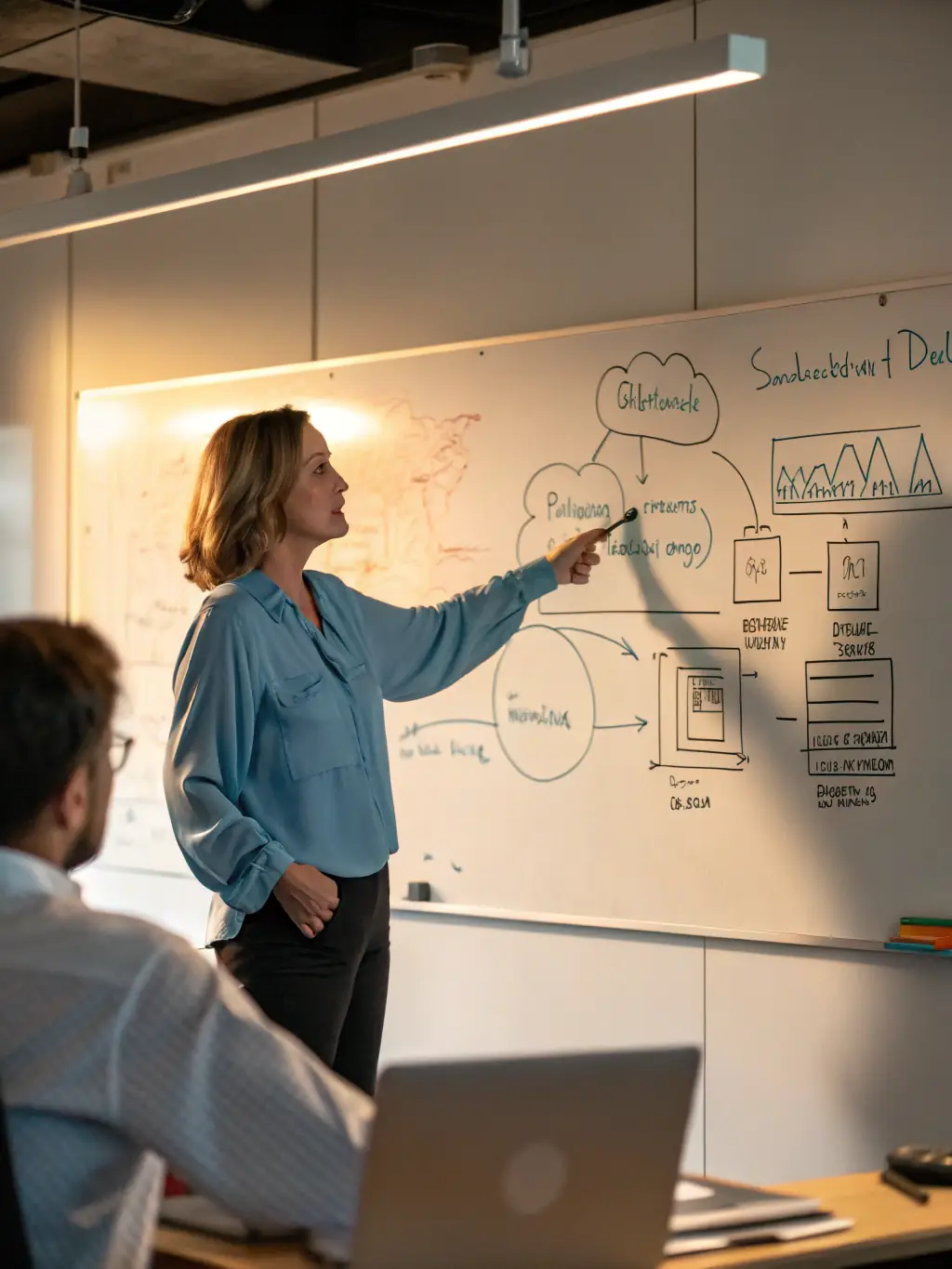 A consultant presenting a cloud migration strategy on a whiteboard to a team, illustrating the benefits of cloud solutions for scalability and efficiency.