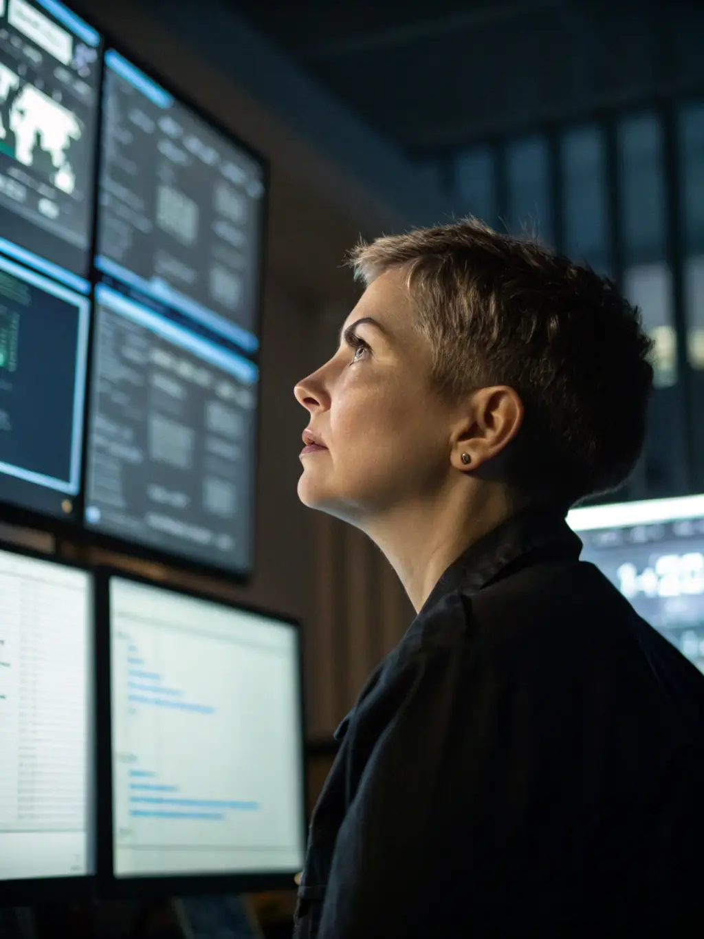 A network security expert analyzing a complex network diagram on multiple screens, highlighting potential vulnerabilities and security enhancements.