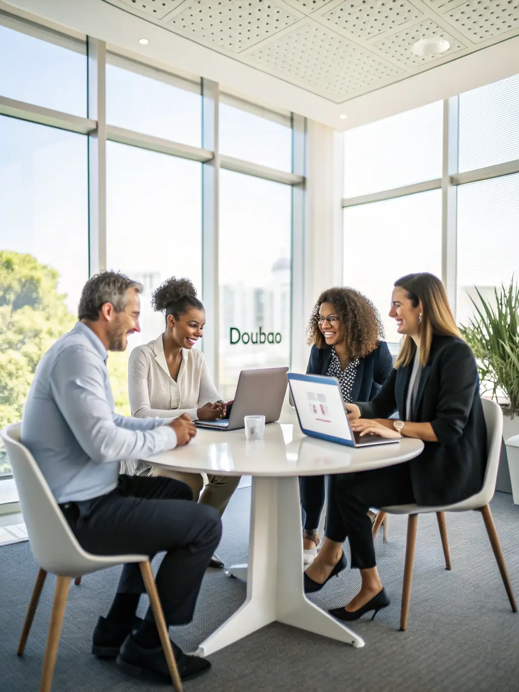 A diverse team of IT professionals working together in a brightly lit, modern office, collaborating on a project with laptops and digital displays.
