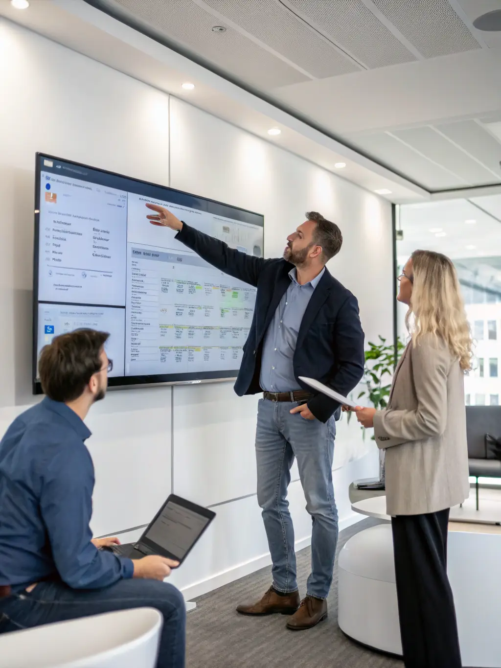 A consultant in a suit, smiling and pointing at a dashboard on a large monitor, explaining data insights to a client in a modern office setting. The scene conveys expertise and collaboration.