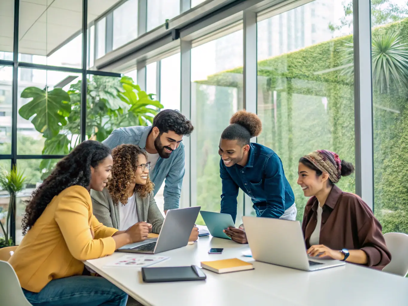 A diverse team of IT professionals working collaboratively in a modern office setting, symbolizing Strikeworks' commitment to providing skilled and adaptable staffing solutions.