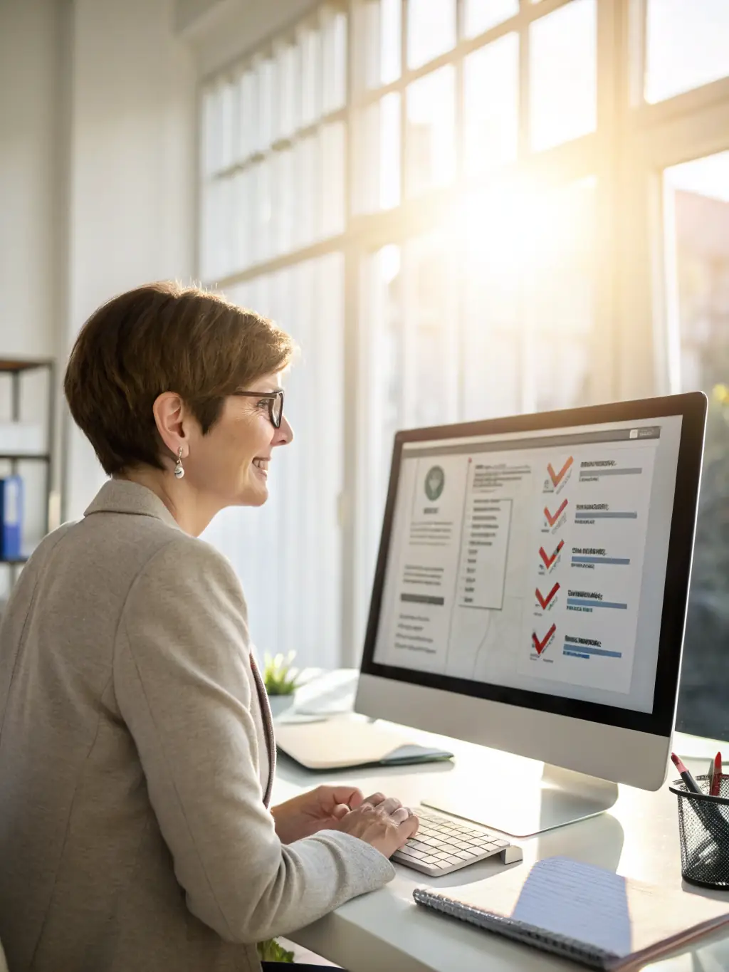 A professional IT recruiter reviewing candidate profiles in a modern office setting, emphasizing the meticulous selection process at Strikeworks.