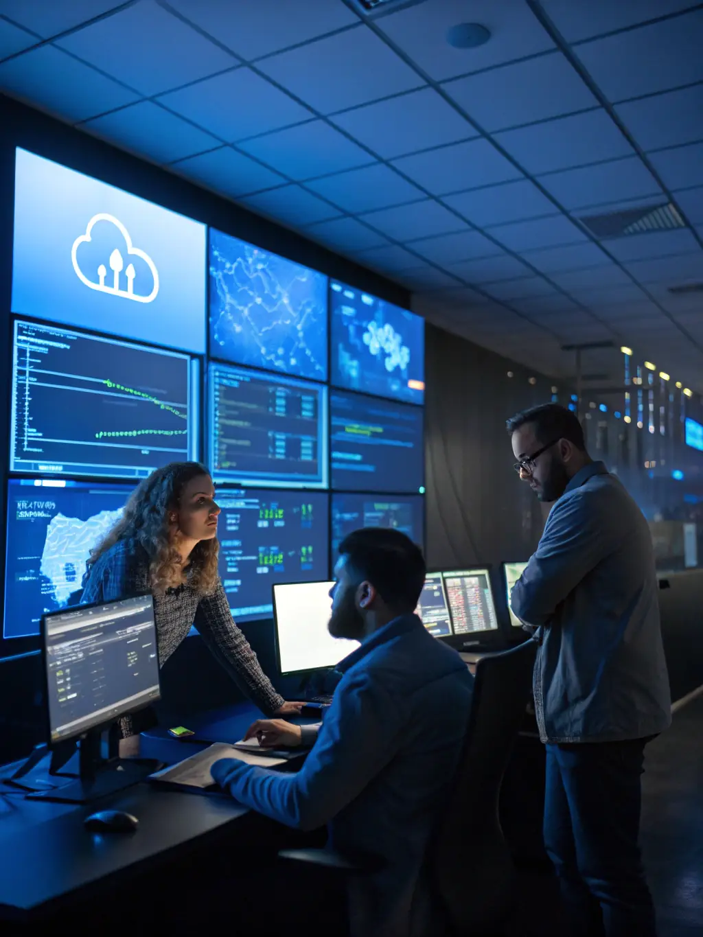 A team of Strikeworks consultants is collaborating on a cloud migration strategy, using laptops and interactive whiteboards in a bright conference room.